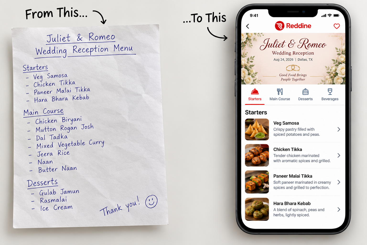 A handwritten wedding reception menu transformed into a digital RedDine menu on a phone.